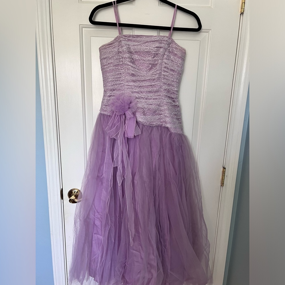 Strapless 50’s Inspired Asymmetrical Waist Lavender Lace Dress